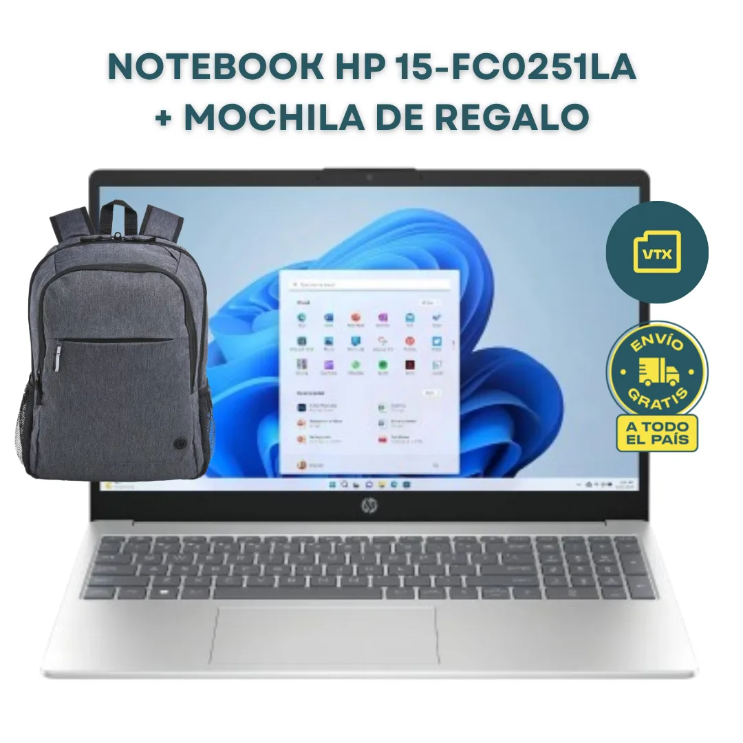 Notebook HP 15-fc0251la AMD Ryzen 5 7520U RAM 8GB SSD 512GB 15.6" W11H con Mochila